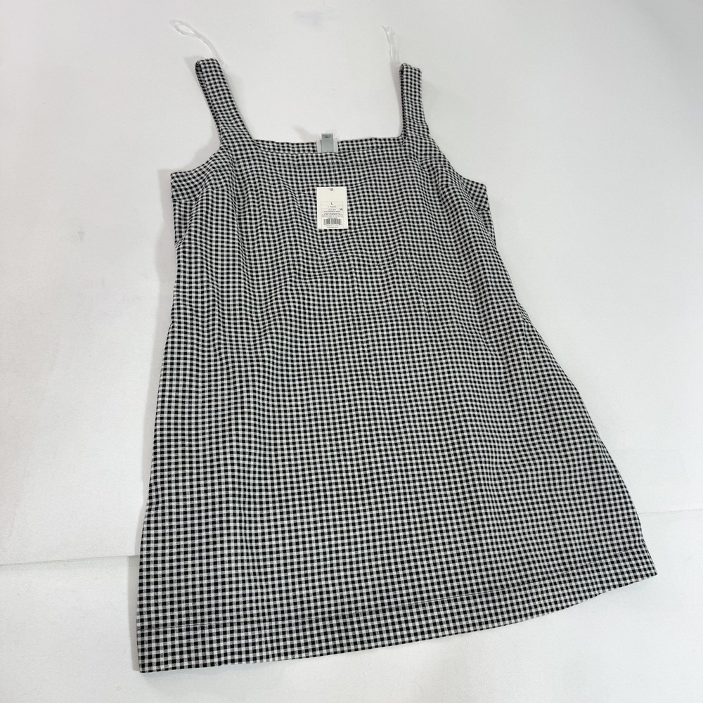 A‎ New Day Dress Womens Large Black Gingham Linen Blend Square Neck Tank Mini